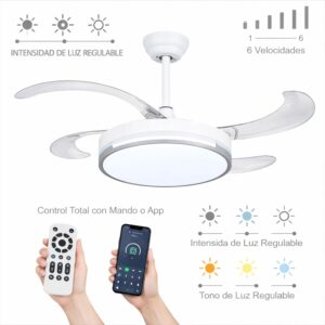 Ventilador de techo 72W con luz LED 36W+DC36W en 3 Temperaturas de Luz con Mando a Distancia -Motor DC Eficiente y Silencioso, 3 tonalidades, aspas desplegables retráctiles, 6 velocidades, control remoto, memoria, temporizador